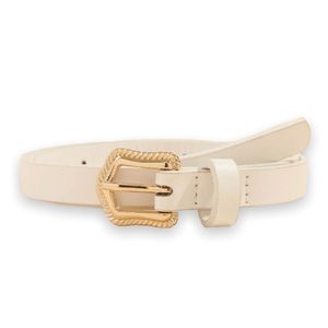 New White Faux Leather Everyday Wear Belt With Gold Tone Engraved Buckle